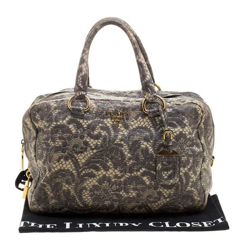 Prada Beige Talco Lace Print Cervo Leather Bowling Bag 商品