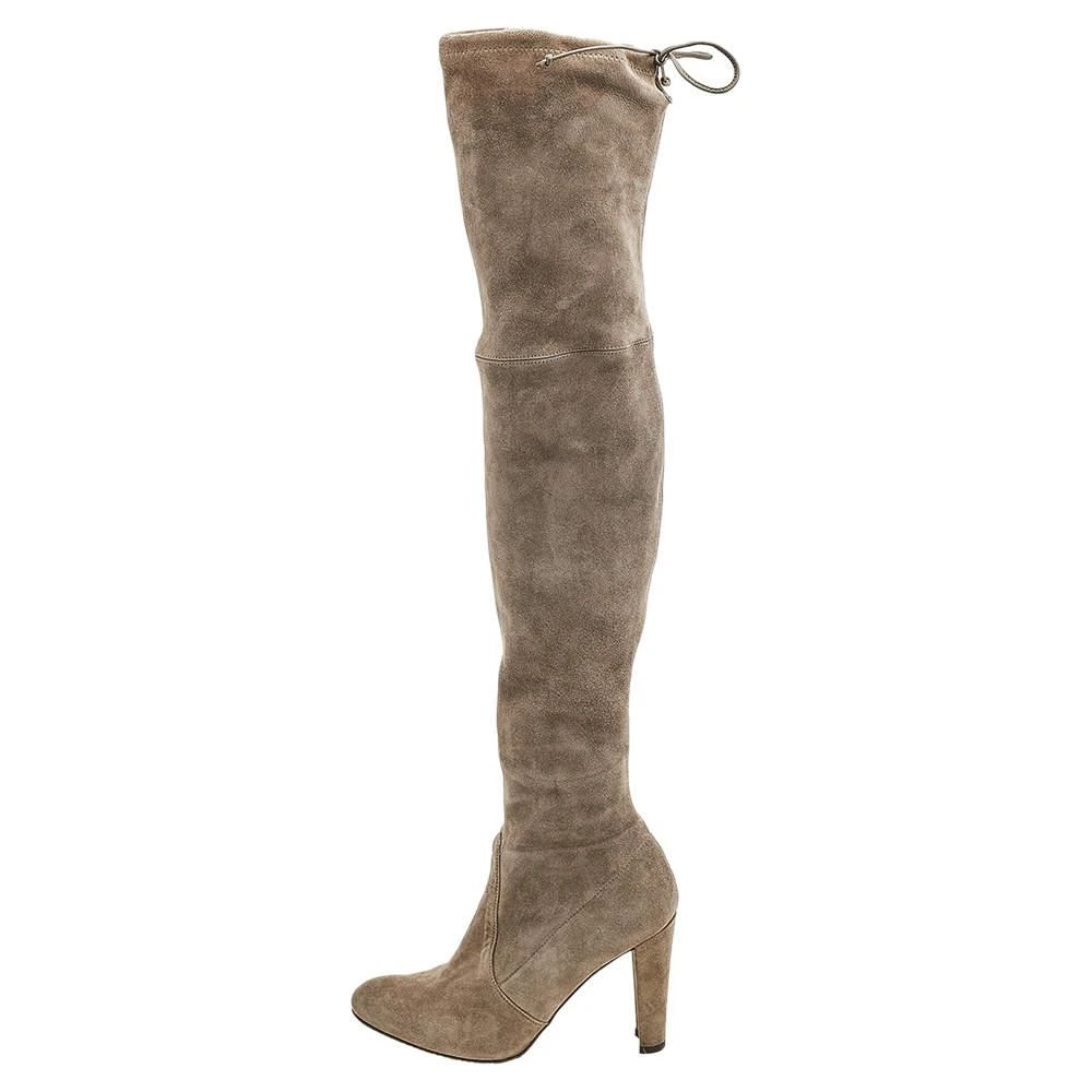 商品[二手商品] Stuart Weitzman|Stuart Weitzman Khaki Grey Suede Tie Land Over The Knee Block Heel Boots Size 36.5,价格¥1167,第2张图片详细描述