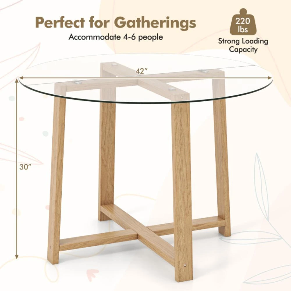 42 Inches Round Glass Dining Table with Tempered Glass Tabletop and Rubber Wood Legs-Natural 商品