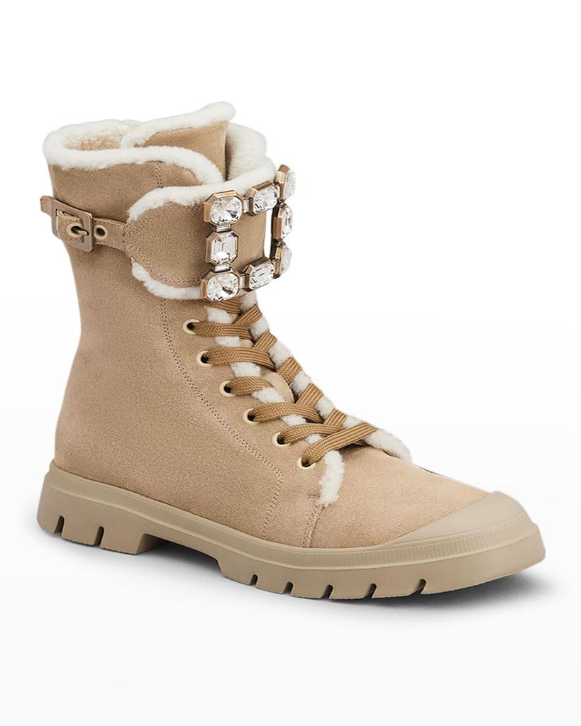 Suede Shearling Crystal-Cuff Combat Boots商品第2张图片规格展示