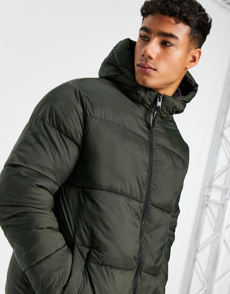 商品Jack & Jones|Jack & Jones Essentials longline puffer coat with hood in khaki with double zip,价格¥607,第6张图片详细描述