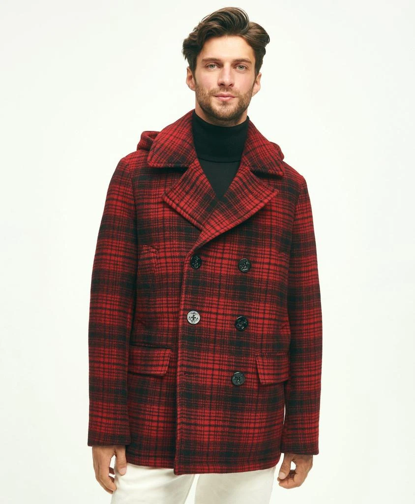 商品Brooks Brothers|Wool Hooded Buffalo Check Pea Coat,价格¥2635,第1张图片