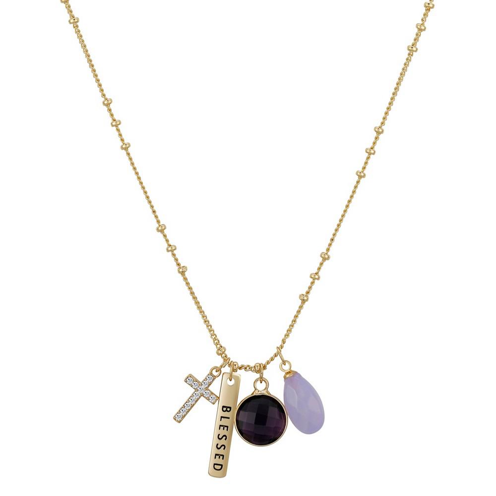 Crystal Cross, Purple Glass and "Blessed" Bar Charm Necklace商品第1张图片规格展示