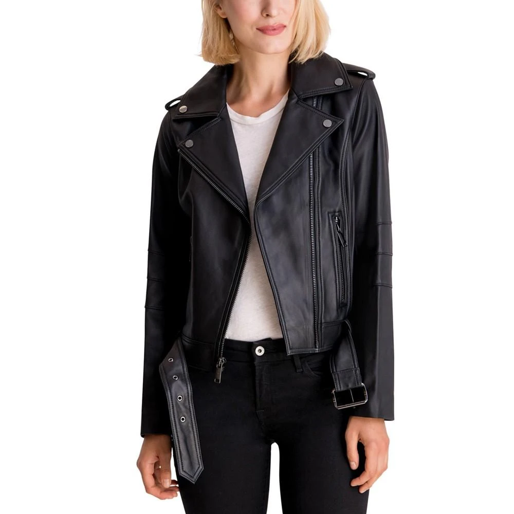 商品Michael Kors|Women's Petite Belted Leather Moto Jacket,价格¥2749,第3张图片详细描述