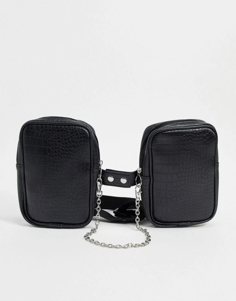 商品ASOS|ASOS DESIGN chest harness bag in black faux leather croc emboss and chain detail,价格¥75,第1张图片
