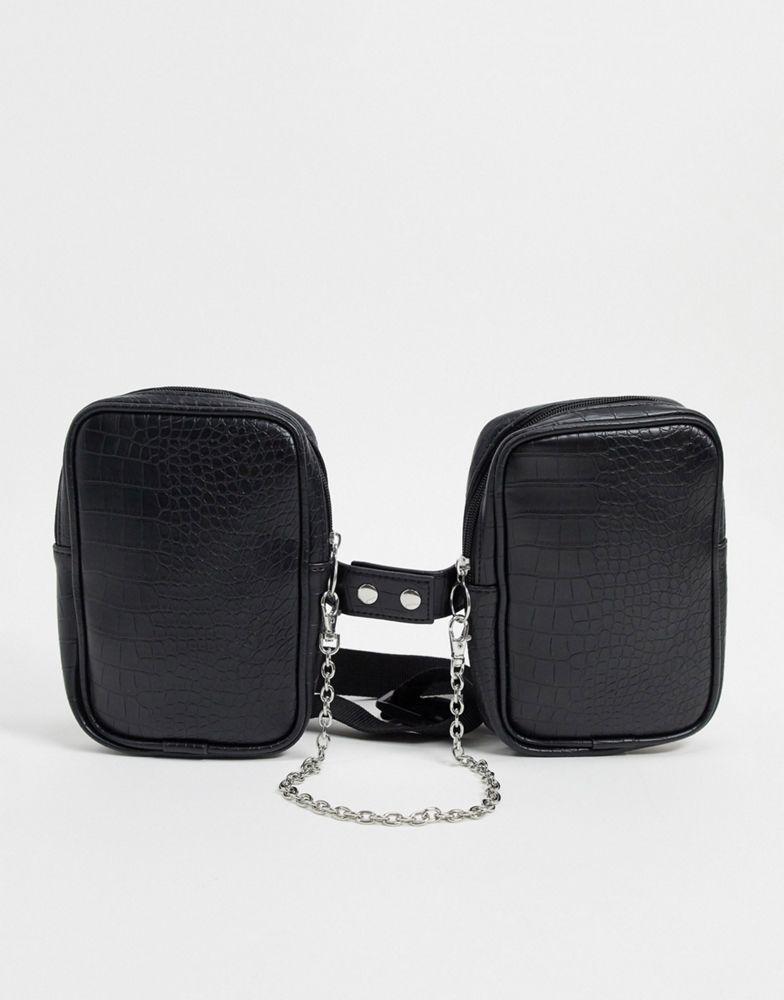 商品ASOS|ASOS DESIGN chest harness bag in black faux leather croc emboss and chain detail,价格¥69,第1张图片
