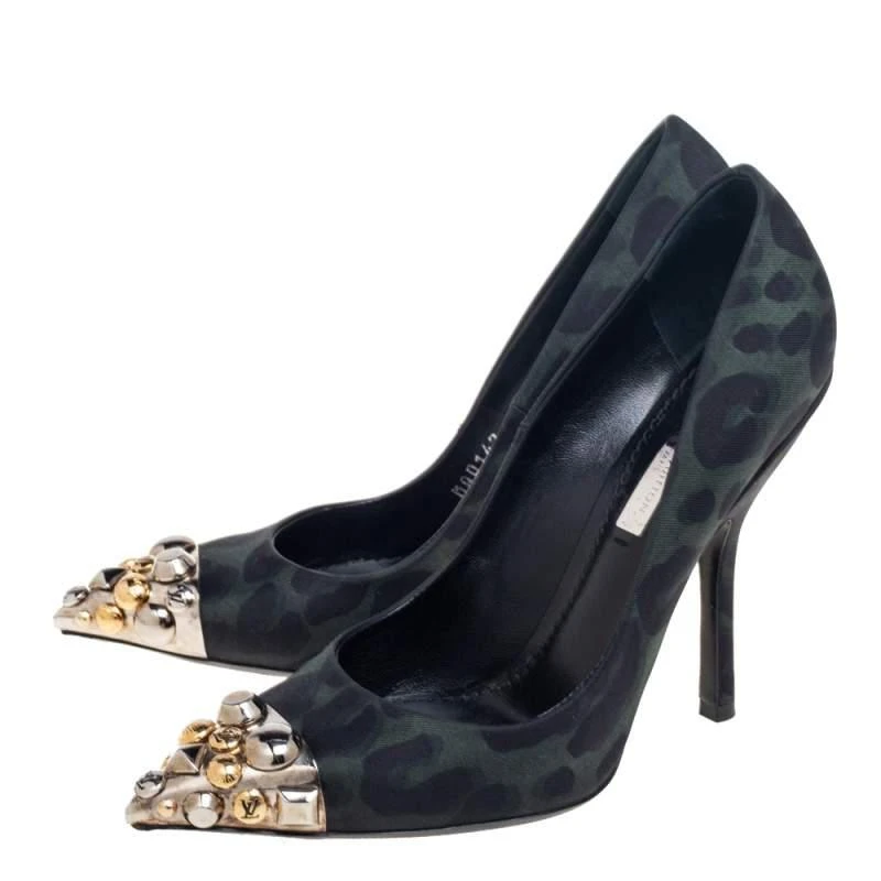 商品[二手商品] Louis Vuitton|Louis Vuitton Green/Black Leopard Print Fabric Bernice Studded Pumps Size 36,价格¥1519,第4张图片详细描述