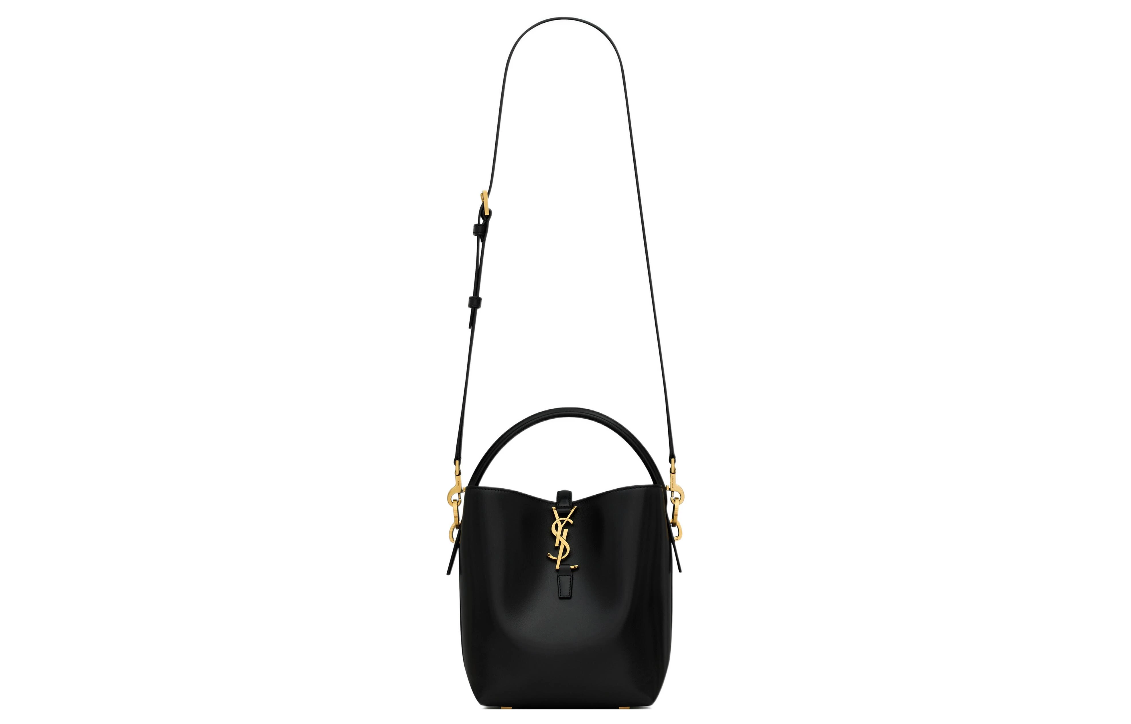 商品[国内直发] Yves Saint Laurent|圣罗兰 YSL LE37 金标Logo钩扣开合 亮面牛皮革 水桶包单肩斜挎手提包 小号 女款 黑色,价格¥17114,第3张图片详细描述