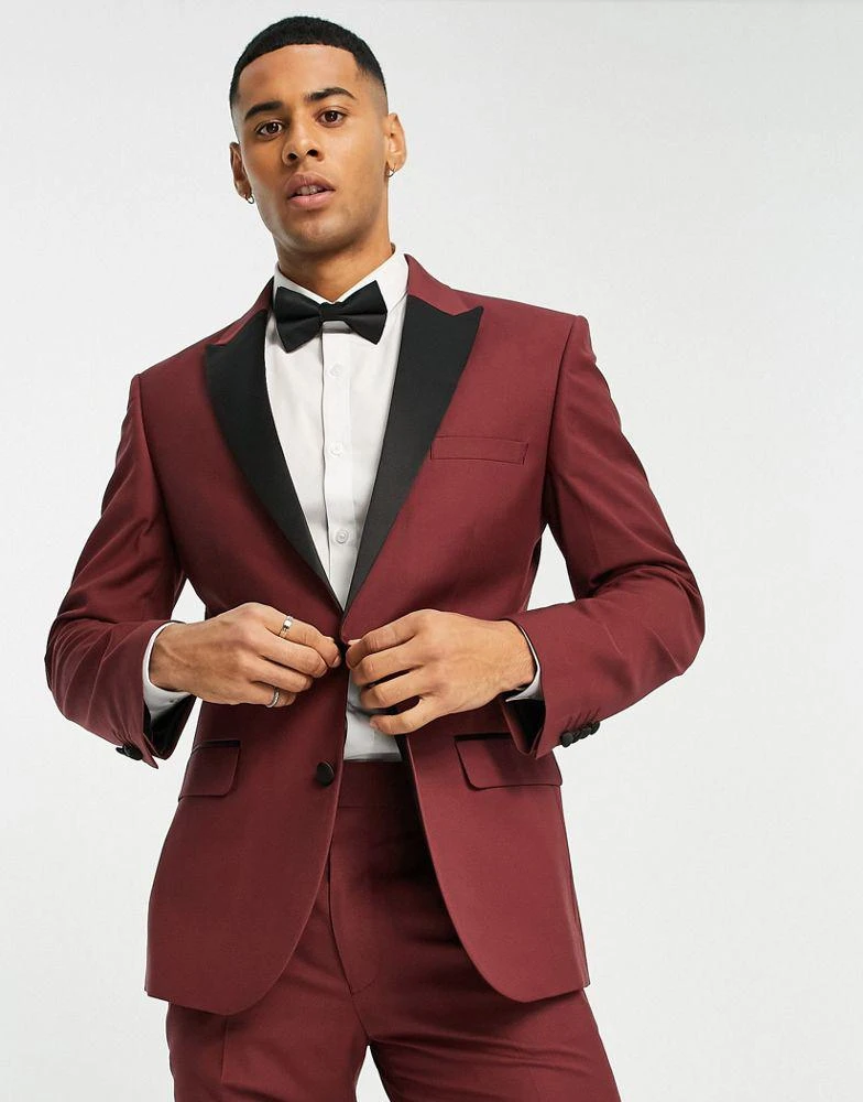 商品ASOS|ASOS DESIGN skinny tuxedo suit jacket in burgundy,价格¥381,第1张图片