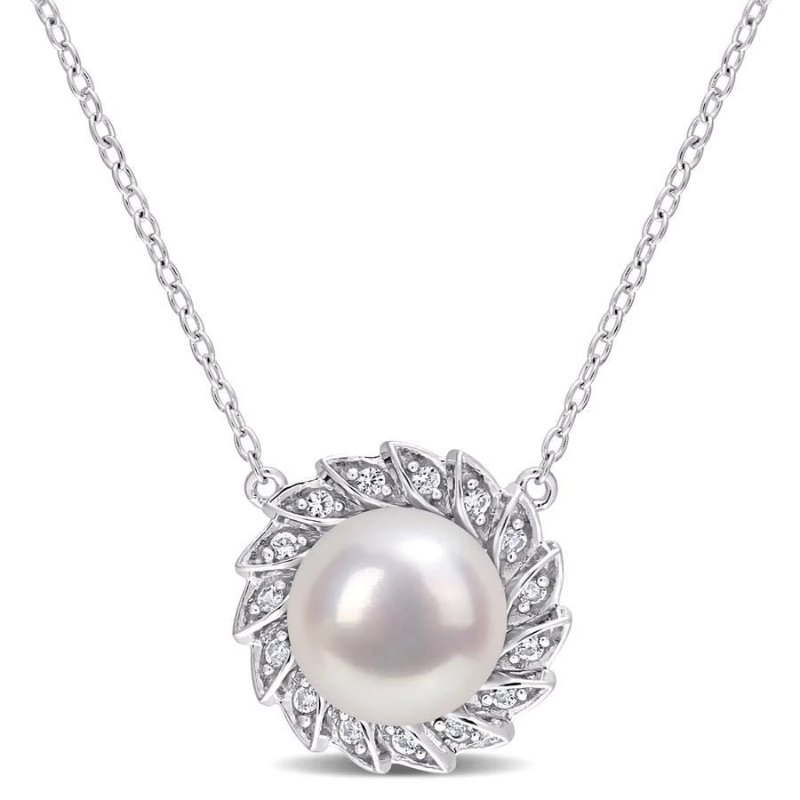 商品Amour|9.5-10mm Freshwater Cultured Pearl and 1/6 CT TGW Created White Sapphire Halo Pearl Pendant with Chain In Sterling Silver,价格¥513,第1张图片