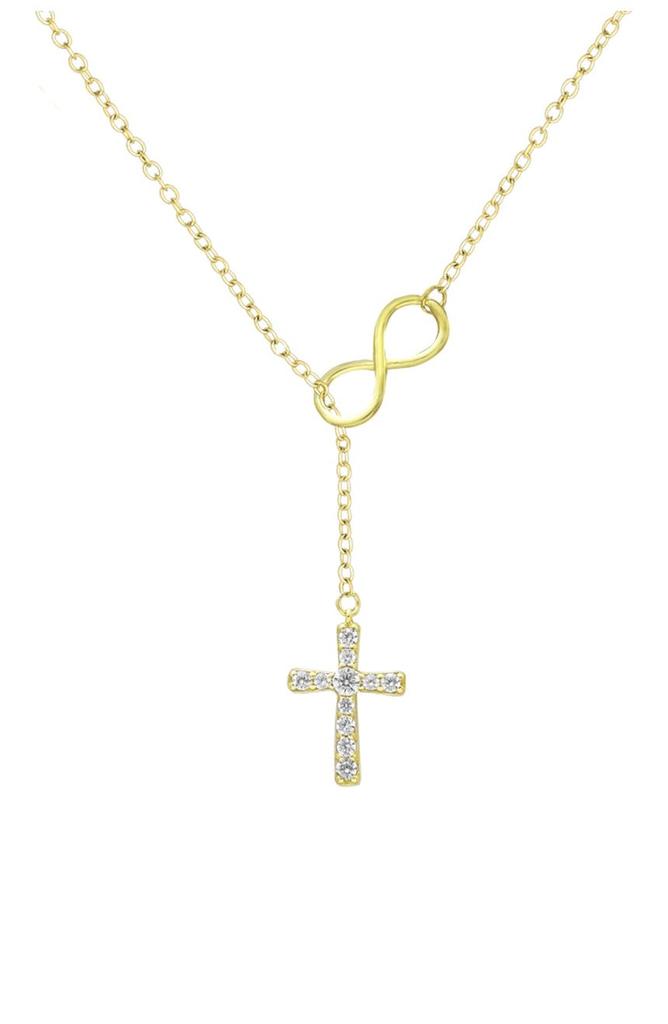 18K Yellow Gold Vermeil Inifity & Pave CZ Cross Pendant Necklace商品第1张图片规格展示