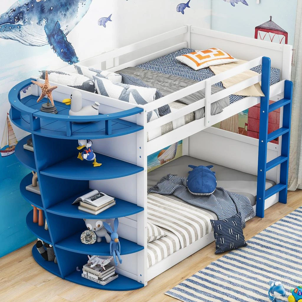 商品Simplie Fun|Twin over Twin Boat-Like Shape Bunk Bed with Storage Shelves,价格¥4199,第3张图片详细描述