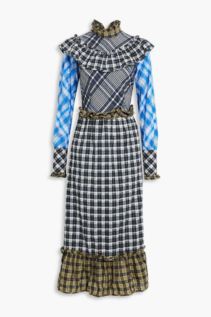 商品Ganni|Ruffled checked cotton-blend seersucker midi dress,价格¥1199,第1张图片