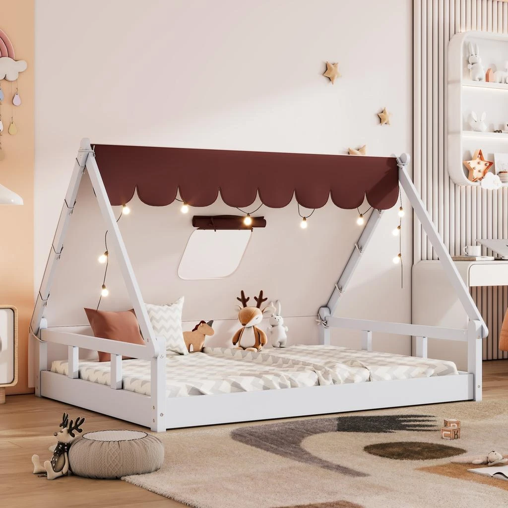 商品Simplie Fun|Wooden Full Size Tent Bed with Fabric for Kids,价格¥2248,第1张图片