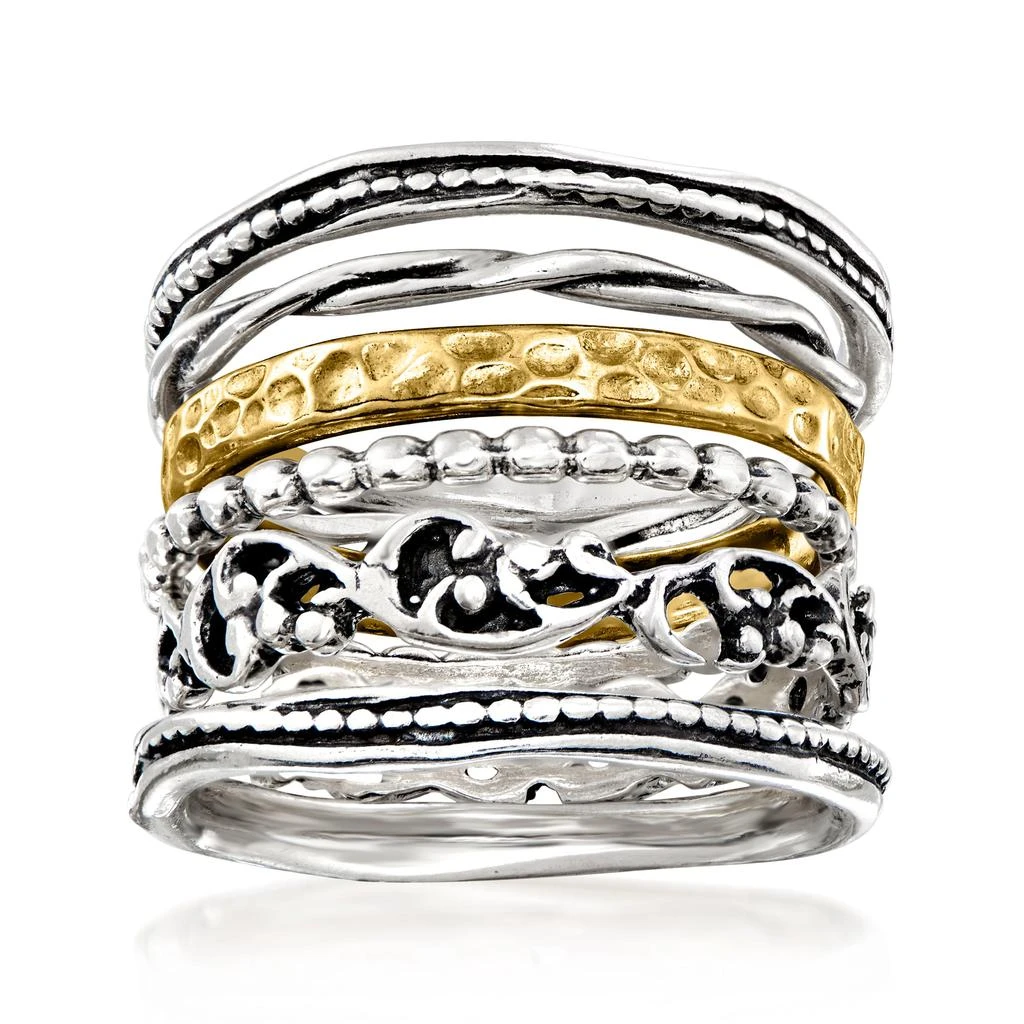 商品Ross-Simons|Sterling Silver and 18kt Gold Over Sterling Jewelry Set: 6 Textured Rings,价格¥957,第1张图片