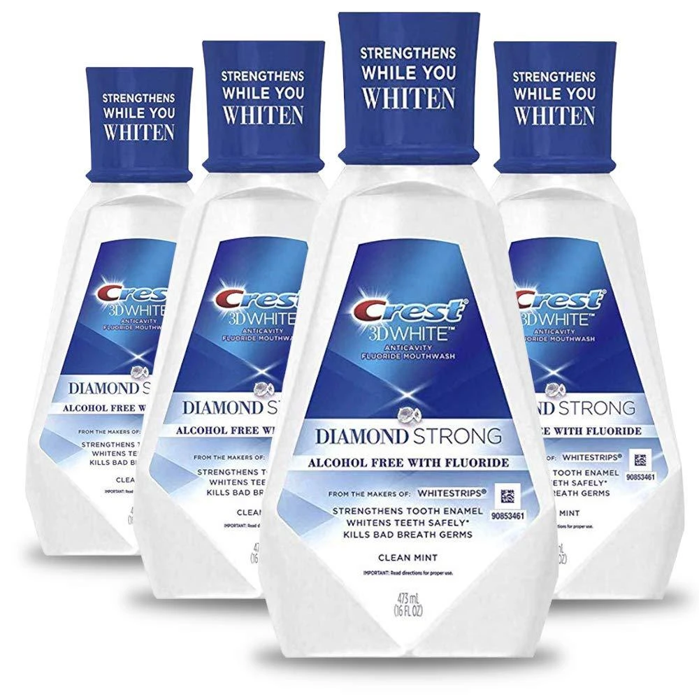 商品Crest|Crest 3D White Diamond Strong Mouthwash, Alcohol free, Fluoride Whitening, Clean Mint, 473 mL (16 fl oz), 4 Count,价格¥217,第1张图片