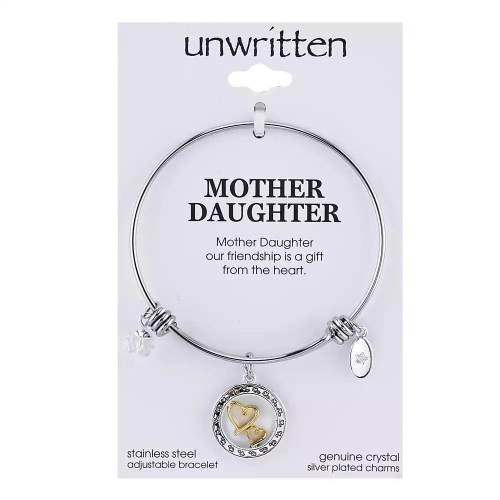 商品Unwritten|Two-Tone Double Heart Mother Daughter Charm Bangle Bracelet in Stainless Steel with Silver Plated Charms,价格¥170,第2张图片详细描述