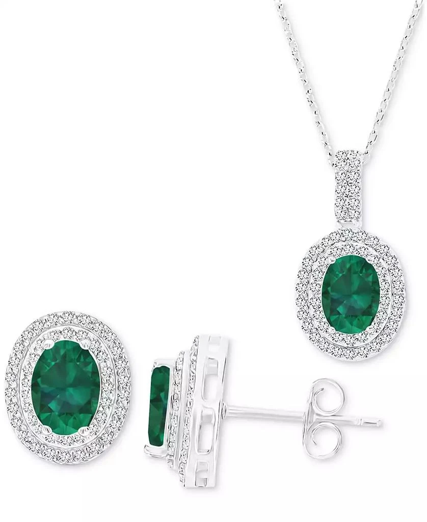 商品Macy's|2-Pc. Set Lab-Grown Emerald (2-5/8 ct. t.w.) & Lab-Grown White Sapphire (1-1/10 ct. t.w.) Oval Halo Pendant Necklace & Matching Stud Earrings in Sterling Silver,价格¥699,第1张图片