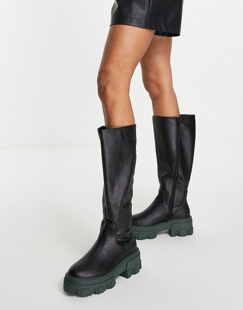 商品ASOS|ASOS DESIGN Carla chunky flat knee boots in black with green sole,价格¥204,第1张图片