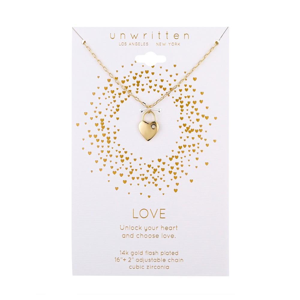 商品Unwritten|14K Gold Flash-Plated Brass Cubic Zirconia Locked Heart Pendant Necklace with Extender,价格¥144,第4张图片详细描述