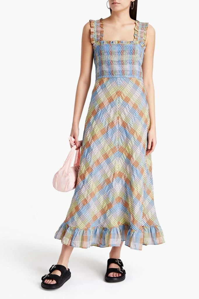 商品Ganni|Shirred checked cotton-blend seersucker maxi dress,价格¥953,第2张图片详细描述