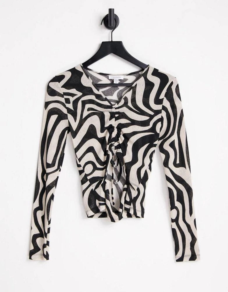 商品Topshop|Topshop swirl print ruche front cutout mesh top in multi,价格¥196,第1张图片