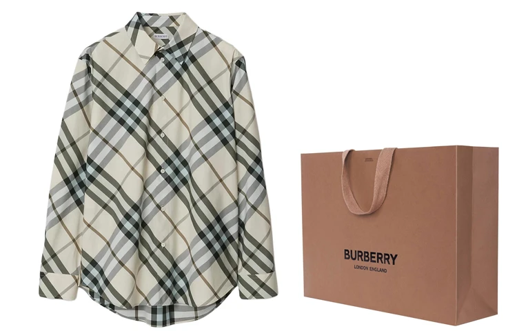 商品[国内直发] Burberry|博柏利 SS24 格纹拼色方领长袖衬衫 男款 雪花石色,价格¥3273,第5张图片详细描述