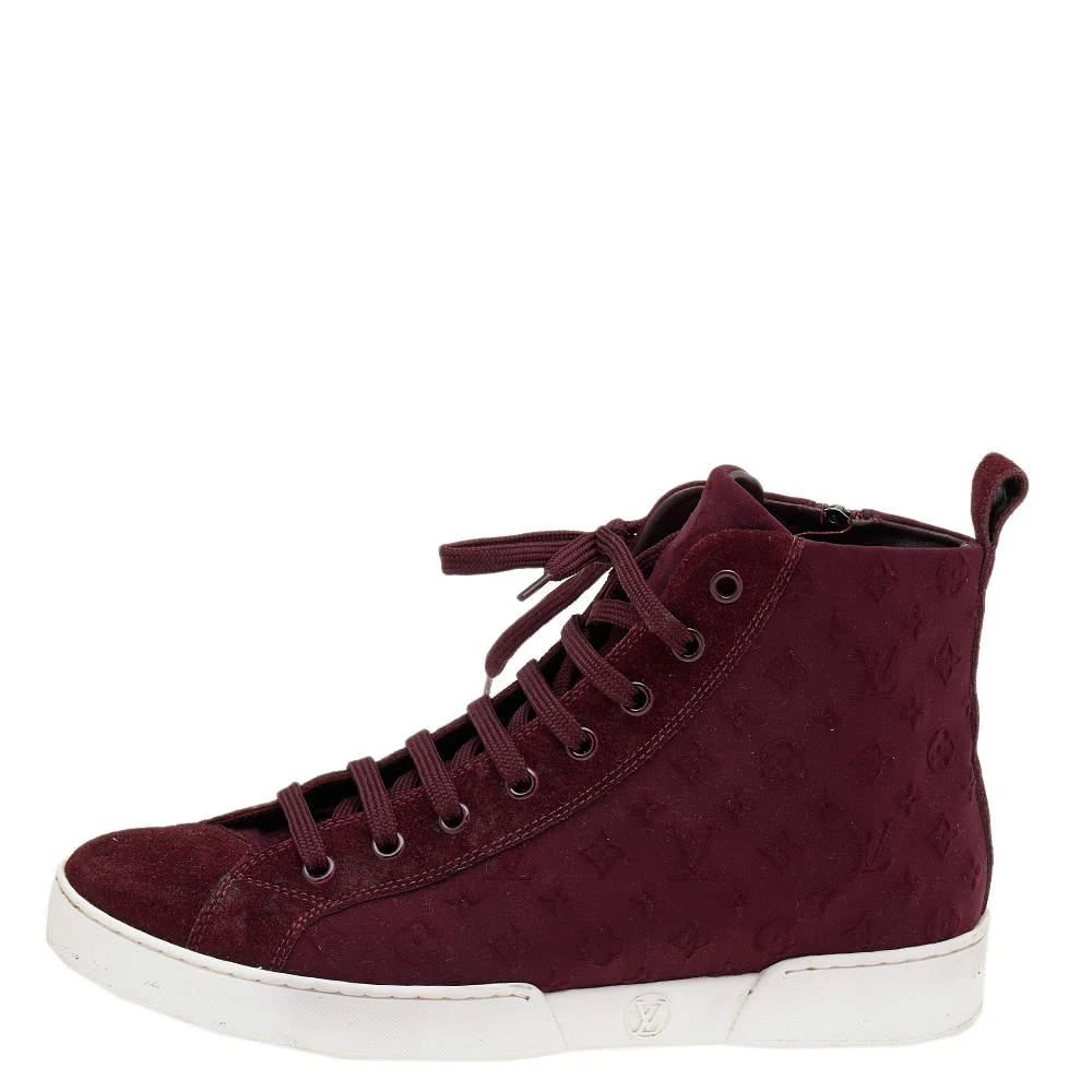 商品[二手商品] Louis Vuitton|Louis Vuitton Burgundy Monogram Fabric And Suede High Top Sneakers Size 37,价格¥3091,第2张图片详细描述