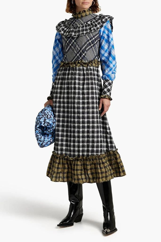 商品Ganni|Ruffled checked cotton-blend seersucker midi dress,价格¥1217,第4张图片详细描述