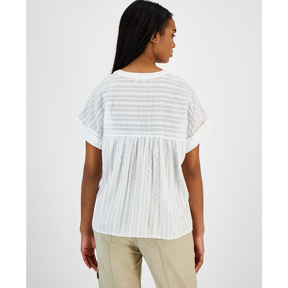 Women's Cotton Seersucker Damask-Stripe Popover Shirt商品第2张图片规格展示