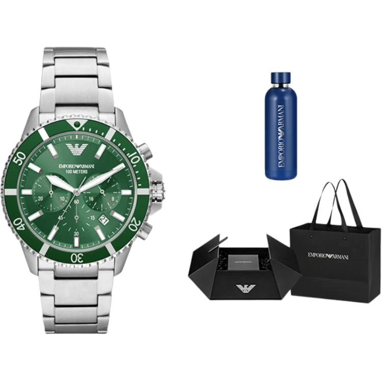 商品[国内直发] Emporio Armani|阿玛尼腕表 石英机芯 不锈钢表带 43mm 绿色表盘 男表 绿水鬼多功能三眼计时欧美男表手表,价格¥3504,第10张图片详细描述