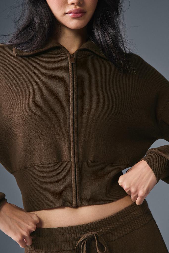 Alo Scholar Knit Cropped Full Zip Jacket - Espresso - Jackets