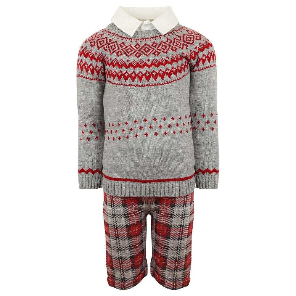 商品Caramelo Kids|Grey & Red Fair Isle Jumper Shirt & Tartan Shorts Set,价格¥266,第1张图片