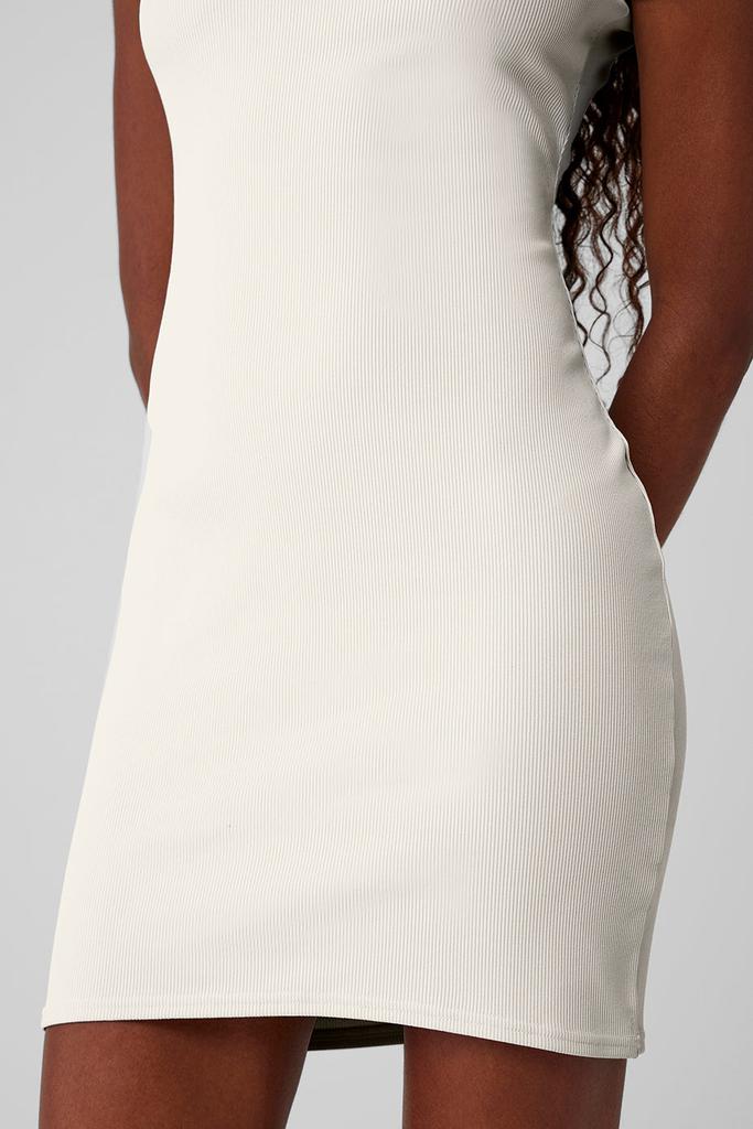 Alo Goddess Ribbed Short Sleeve Dress - Ivory - Dresses & Skirts