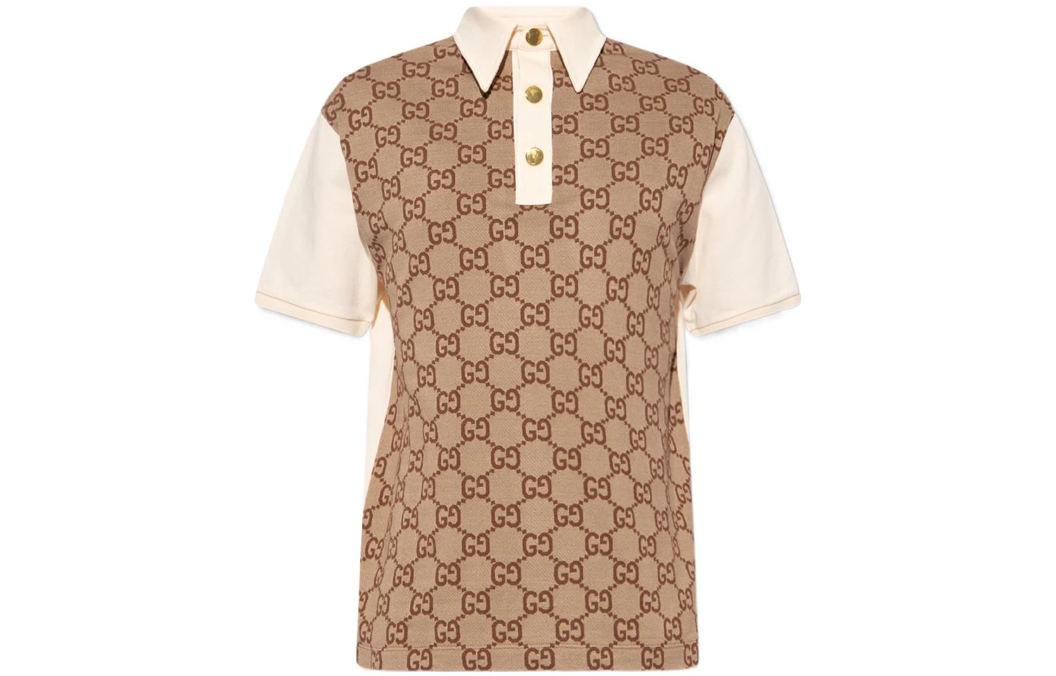 商品[国内直发] Gucci|古驰 Aria系列 老花拼接金扣短袖Polo衫 男款 卡其色,价格¥5448,第1张图片
