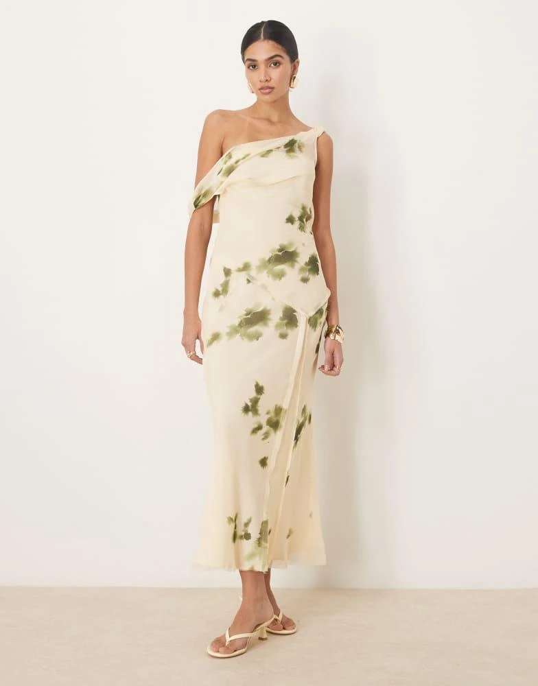 商品ASOS|ASOS DESIGN fallen shoulder twist cowl neck  seam detail midi dress in cream and green blur print,价格¥437,第1张图片