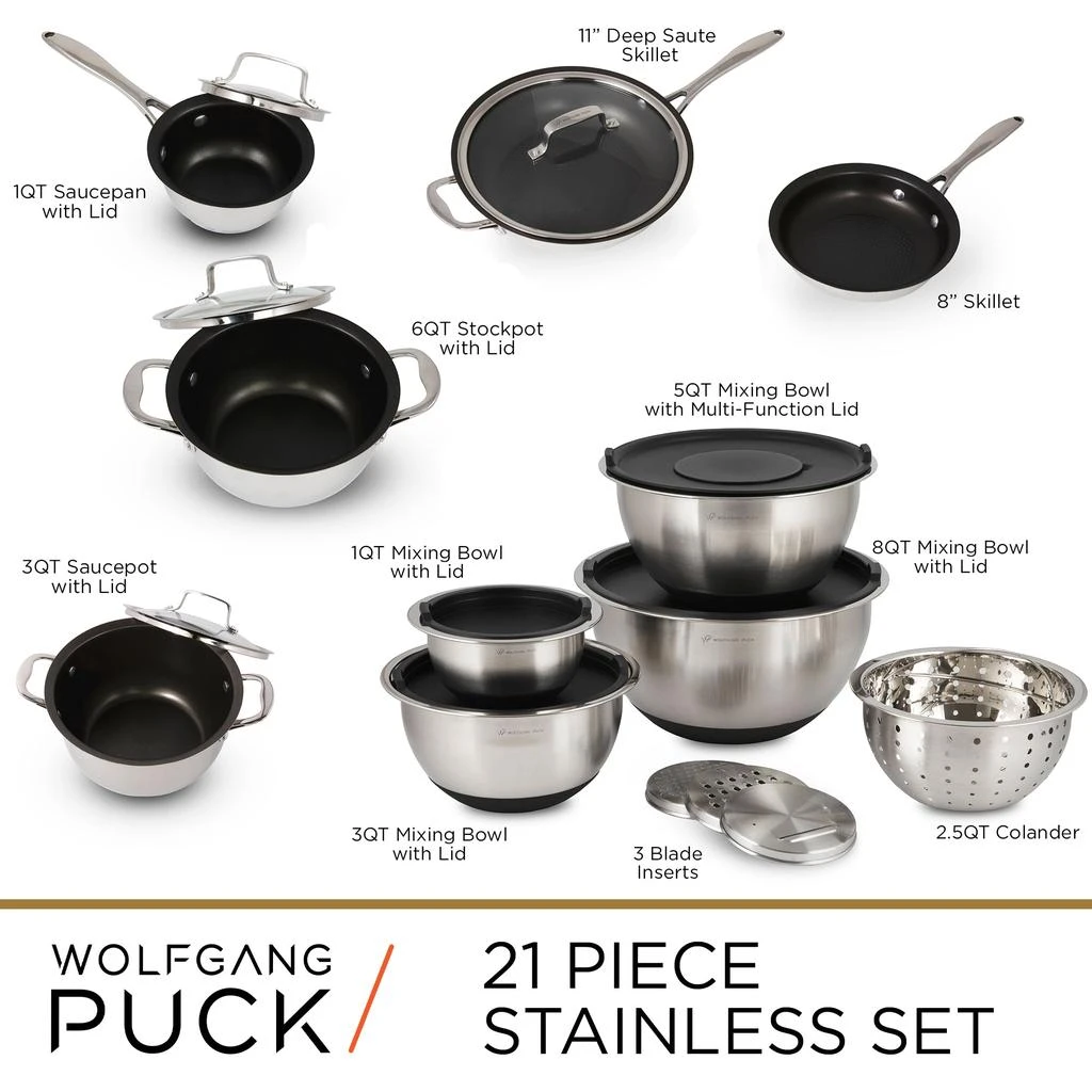 商品Wolfgang Puck|Wolfgang Puck 21-Piece Stainless Steel Cookware and Mixing Bowls Set,价格¥1668,第1张图片