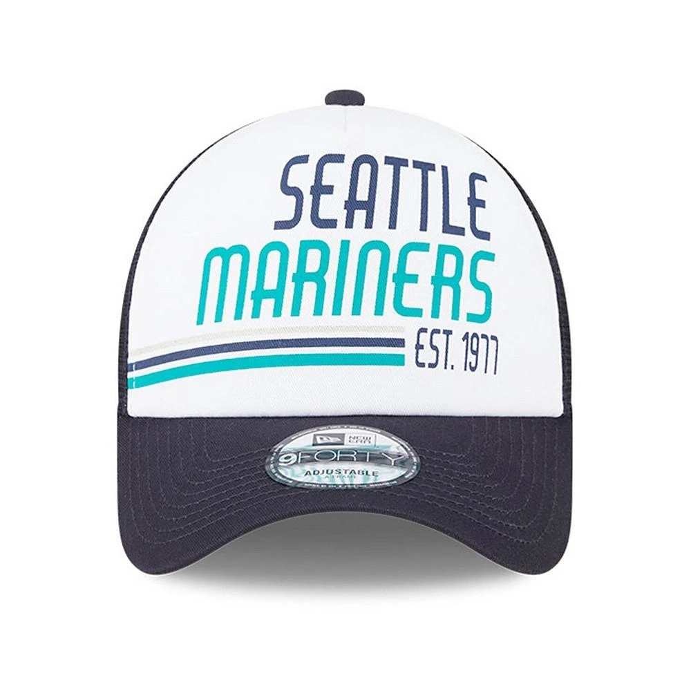 商品New Era|Men's White, Navy Seattle Mariners Stacked A-Frame Trucker 9FORTY Adjustable Hat,价格¥225,第4张图片详细描述