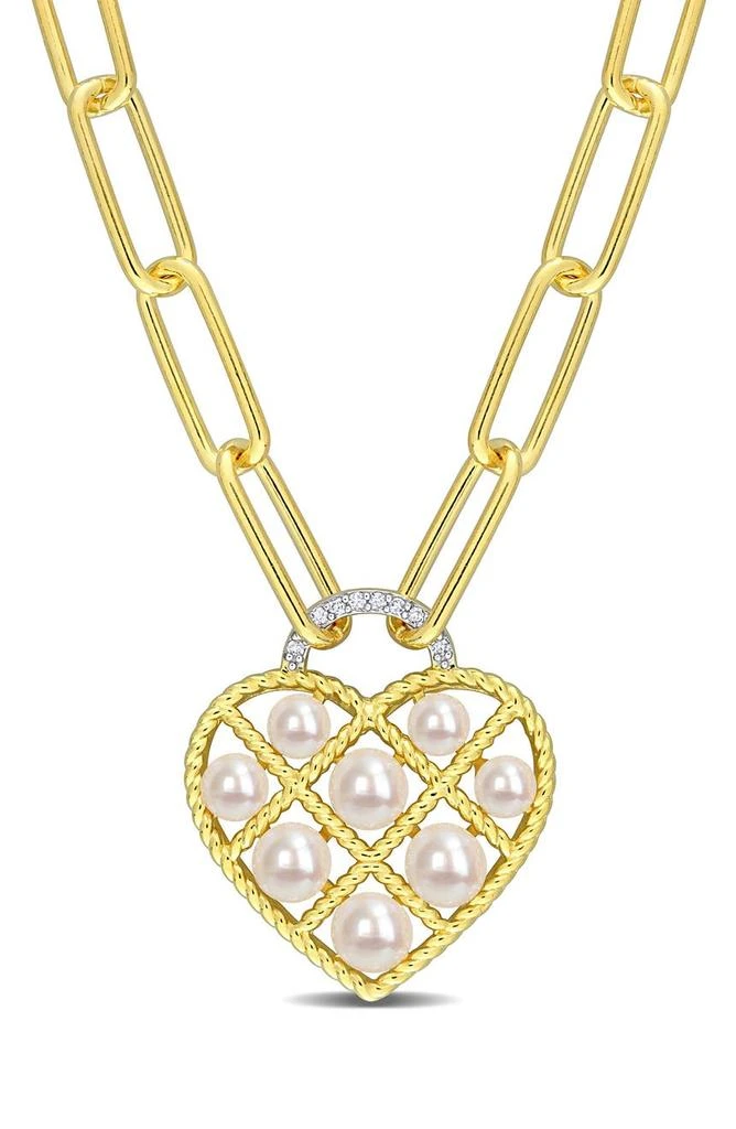 商品DELMAR|Yellow Gold Plated Sterling Silver 4.5-5mm Freshwater Cultured Pearl Diamond Heart Pendant Necklace - 0.01 ctw.,价格¥1484,第1张图片