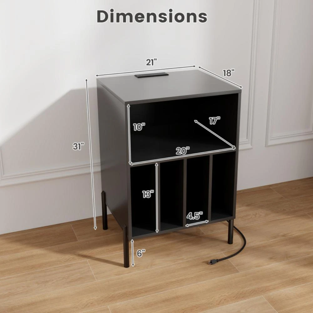 Record Player Stand with Record Storage Shelf and Charging Station-Black 商品