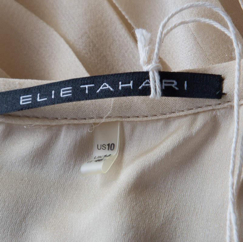 Elie Tahari Light Beige Pleated Silk and Gold Leather Trim Detail Midi Skirt L商品第5张图片规格展示