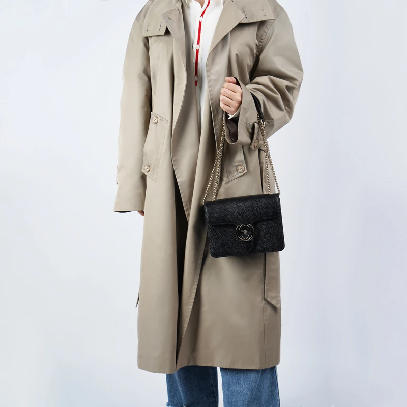 商品[国内直发] Gucci|古驰 双G链条肩带荔枝纹 牛皮 邮差包风琴包单肩斜挎包 小号 女款 黑色,价格¥7306,第10张图片详细描述