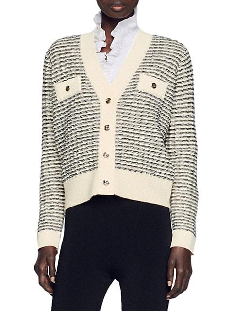 Octobre Striped Wool Knitted Cropped Cardigan商品第1张图片规格展示