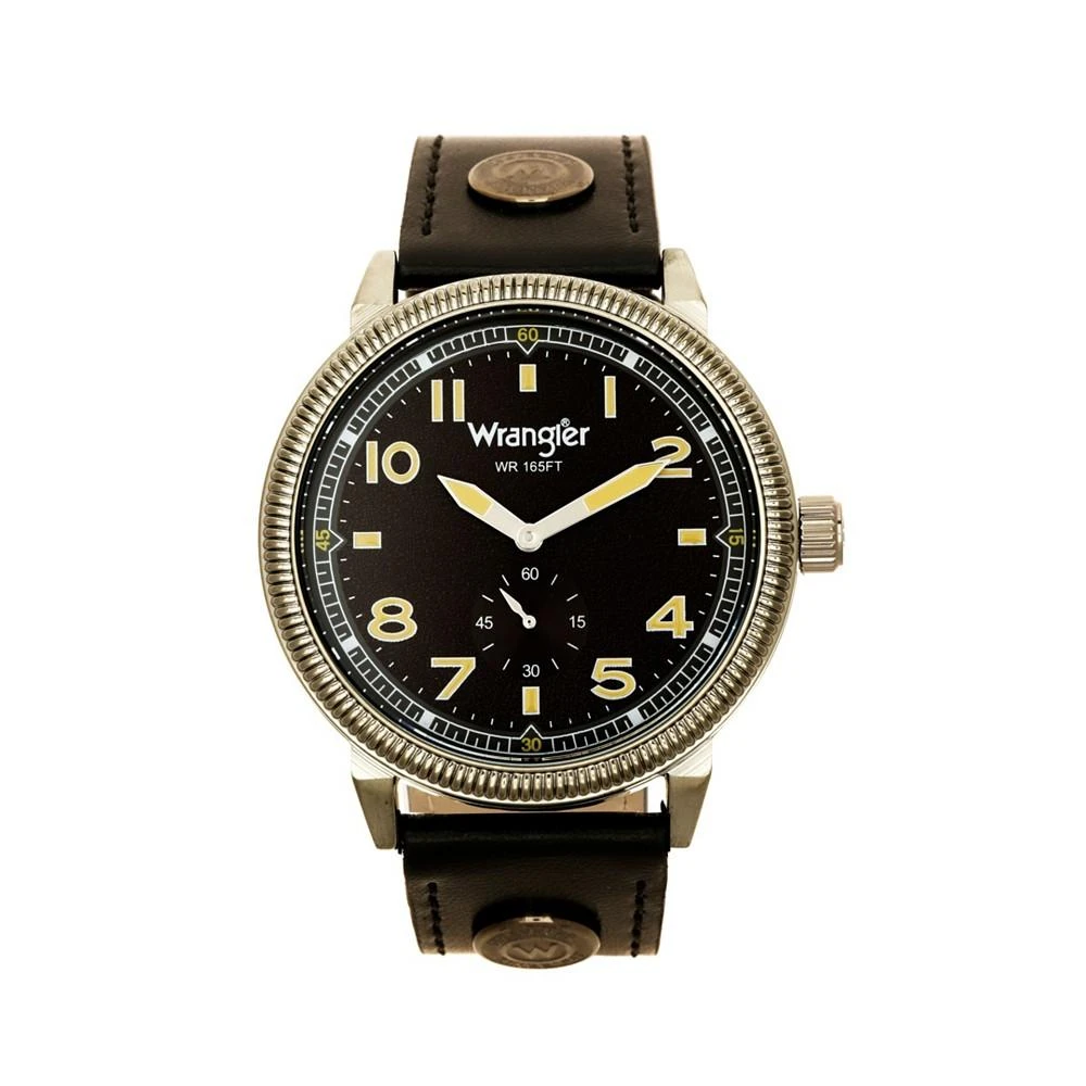 商品Wrangler|Men's Watch, 48.5MM IP Gun Metal Case with Milled Bezel, Grey Sand Satin Dial with White Arabic Numerals, Grey Strap with Logo Rivet and White Accent Stitching,价格¥566,第1张图片