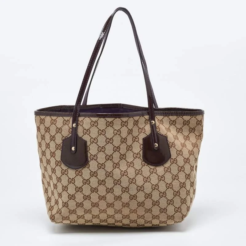 商品[二手商品] Gucci|Gucci Beige/Brown GG Canvas and Patent Leather Small Jolie Web Charms Tote,价格¥3749,第4张图片详细描述