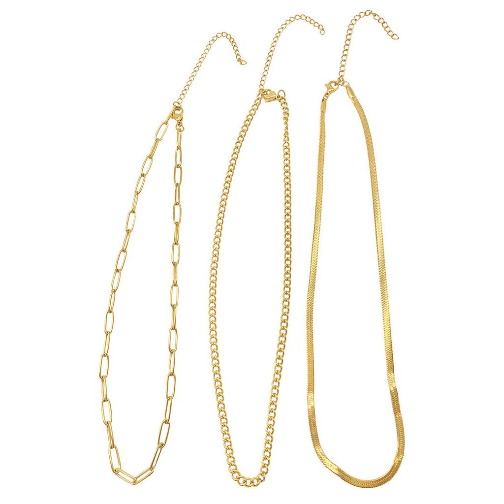 Adornia Curb Chain, Paper Clip Chain, and Herringbone Chain Necklace Set gold商品第2张图片规格展示