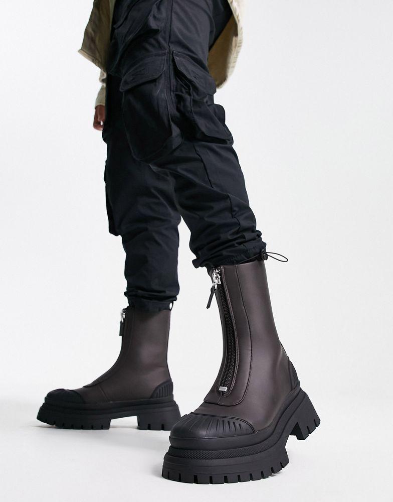 商品ASOS|ASOS DESIGN zip front chelsea boot in brown faux leather with black chunky sole,价格¥320,第1张图片