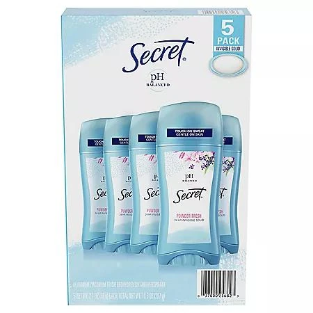 商品Secret|Secret Invisible Solid Antiperspirant and Deodorant, Powder Fresh, 2.1 oz., 5 pk.,价格¥78,第1张图片