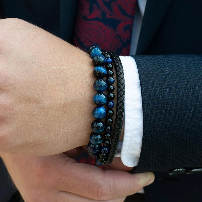 商品Crucible Jewelry|Crucible Los Angeles Polished Blue Tiger Eye and Black Matte Onyx 10mm Natural Stone Bead Stretch Bracelet,价格¥277,第2张图片详细描述