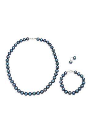 Sterling Silver & Semi-Round Black Pearl Necklace, Bracelet & Earrings Set商品第1张图片规格展示